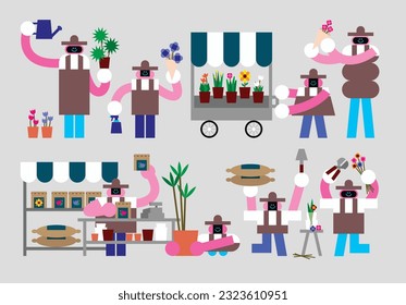 Set of Florist Humanoids Flat Geometric Character Design
