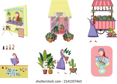 Set of florist work at florist shop or store. Woman compose bouquet on table, hold, carry fresh flowers in florist shop. Floristry selling at flower truck. Flat vector cartoon isolated illustration