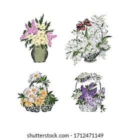 Set of floristic compositions. Baskets with bouquet of flowers. Various wildflowers - lilies of the valley, lilac, daisies. Decor for greeting card
