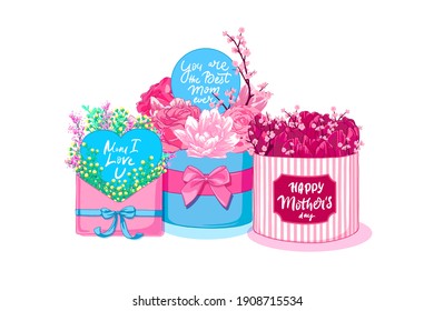 Conjunto de composiciones florísticas con flores, letras y cajas de regalo. Diseño de tarjetas de felicitación del Día de la Madre. Rosas, tulipanes, ramo de cerezo, ramo de flores silvestres para saludos festivos.