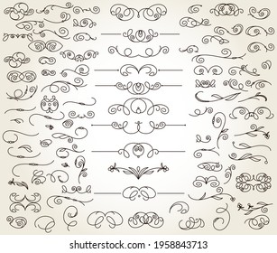 Set of floristic decorative elements.Linear design.