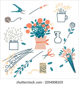 Set of floristic elements for a florist. Isolated on white background. The set includes a bouquet, branches, flowers, ribbon, packaging, scissors, secateurs, sprayer. Flat pastel design, vector