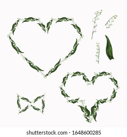 Set of floristic hearts and elements. Floral pattern with white lilies of the valley and green leaves. Romantic pattern for cards, textures. Seamless brushes in swatches.