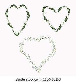 Conjunto de corazones floristas sobre fondo blanco. Patrón floral con lirios blancos del valle y hojas verdes. Patrón romántico para tarjetas, texturas. Pinceles sin soldadura en los pantanos.