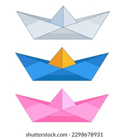 A set of a flotilla of origami colored paper boats, a symbol of sea travel, transport