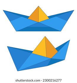 A set of a flotilla of origami colored paper boats, a symbol of sea travel, transport