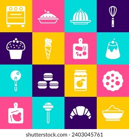 Set Flour bowl, Cookie or biscuit, Pudding custard, Ice cream waffle cone, Cake, Oven and Cutting board icon. Vector