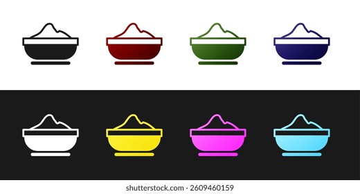 Set Flour bowl icon isolated on black and white background. Baking Ingredients. Healthy organic food. Kitchen utensils cup. Dough cooking.  Vector