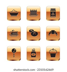 Set Flour bowl, Lollipop, Jar of sugar, Bread loaf, Piece cake, honey, Cake and  icon. Vector