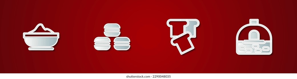 Set Flour bowl, Macaron cookie, Bread toast and Brick stove icon. Vector