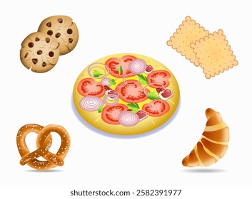 Set of flour confectionery products on a white background. Vector art illustration