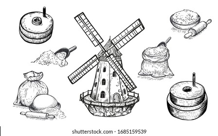 Set of flour, hand mill, windmill, wheat, grain, ingredients. Hand drawn vector illustration. Engraving style. Big set.