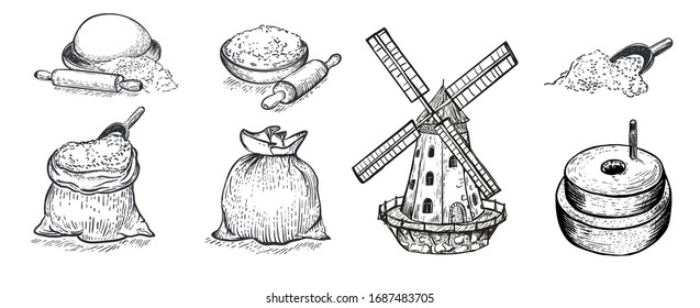 Set of flour, hand mill, windmill, wheat, grain, ingredients. Hand drawn vector illustration. Engraving style. Big set.