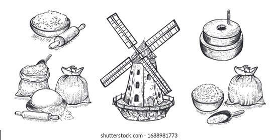 Set of flour, hand mill, windmill, wheat, grain, ingredients. Hand drawn vector illustration. Engraving style. Big set.