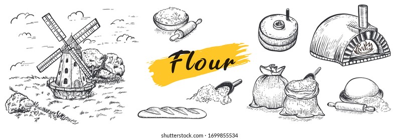 Set of flour, hand mill, windmill, neapolitan stove, wheat, grain, ingredients. Hand drawn vector illustration. Engraving style. Big set.