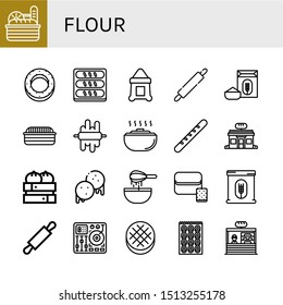 Set of flour icons such as Bread, Bagel, Sack, Rolling pin, Flour, Dough, Baguette, Bakery, Dumpling, Arepas, Mixing table, Round bread , flour