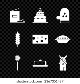 Set Flour pack, Cake, Oven glove, Strainer spoon, Strawberry cheesecake slice, Windmill, Cereals with rice, wheat, corn, oats, rye and Cheese icon. Vector