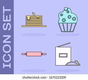 Set Flour pack , Pieza de tortitas , Pistola rodante e icono de tarta. Vector