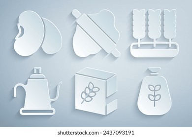 Set Flour pack, Wheat, Watering can, Bag of flour, Rolling pin on dough and Beans icon. Vector