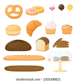 Set of flour product. Backery. Bread, baguette, cake, muffin, cakepops and bun Cartoon vector illustration