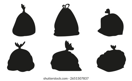 Conjunto de sacos de farinha ou açúcar na silhueta preta. Burlap bag ícones para panificação, moinho, agricultura orgânica, ou temas de colheita. Ilustração vetorial para embalagem, rótulo ou design agrícola.
