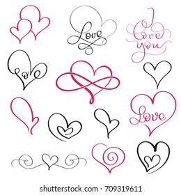 set of flourish calligraphy vintage hearts and some with love word. Illustration vector hand drawn EPS 10