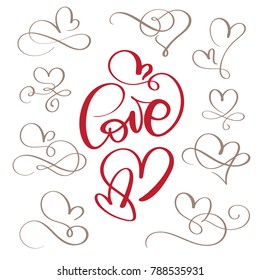 set of flourish calligraphy vintage love and hearts. Illustration vector hand drawn, Hand written vector style happy valentines day sign