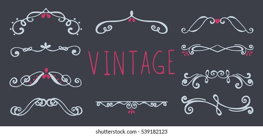 Set of flourish decorative borders in white and red colors isolated on black background.