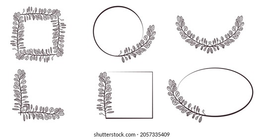 Set of flourish frame, corner borders. Frames, corners are hand-drawn, decorated with twigs, leaves in style of doodle. Vector illustration for design.