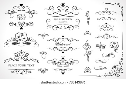 Set of flourish frames, borders, labels. Collection of original design elements. Vector calligraphy swirls, swashes, ornate motifs and scrolls.