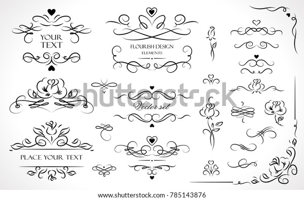 Set of flourish frames, borders, labels.\
Collection of original design elements. Vector calligraphy swirls,\
swashes, ornate motifs and\
scrolls.