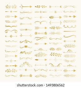 Set of flourish  golden dividers and text separators. Lines and vines for page decoration. Ornate design elements. Vector isolated illustration.