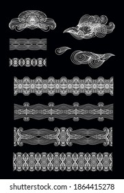 Set of flourish white woven calligraphic "wave" border ornaments,  on dark background