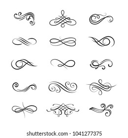 Set flourishes. Calligraphic and page decoration design elements. Swirl, scroll and divider. Vector illustration.