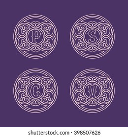 Set of flourishes round elegant ornamental monograms with letters C, P, S, V in trendy linear style. Vector illustration.