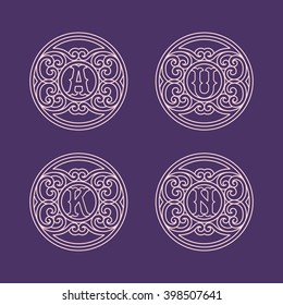 Set of flourishes round elegant ornamental monograms with letters A, K, N, U in trendy linear style. Vector illustration.