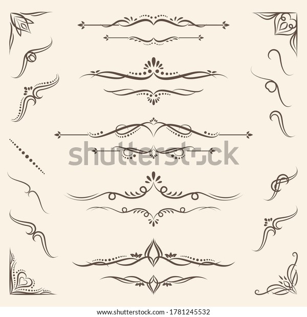 Set of Flourishes Vector Design Elements with\
corners, border, calligraphic combinations design for your text\
delimiters vintage floral look Invitations, Posters, Badges,\
Logotypes and other\
design.\
