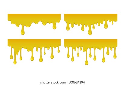 Set of flow and drop of melted honey. Drip sticky yellow sweet liquid. Orange syrup, oil droplet. Vector illustration on white background. Stream and stain paint - design element
