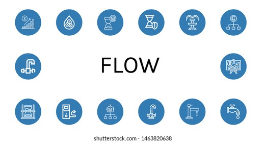 Set of flow icons such as Bar chart, Erythrocytes, Hourglass, Fountain, Flow, Case data, Faucet, Diagram , flow