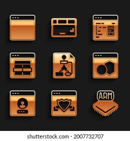 Set Flowchart, Browser with shield, Processor, Software, Create account screen, MySQL code, and window icon. Vector