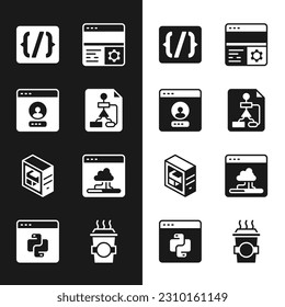 Set Flowchart, Create account screen, Programming language syntax, Debugging, Computer, Cloud technology data transfer, Coffee cup to go and Python programming icon. Vector