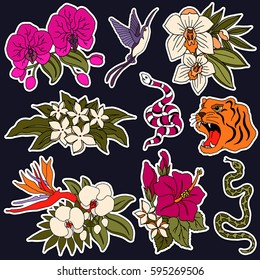 Set of flower and animal patches elements. Set of stickers, pins, patches and handwritten notes collection in cartoon 80s-90s comic style.Vector stikers kit