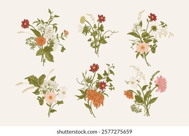 Set with flower arrangement. Autumn bouquets with zinnias, chrysanthemums, dahlias, asters, berries and cereals. Vector botanical illustration. Colorful