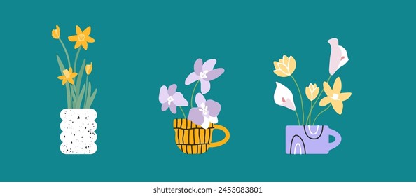 Conjunto de arreglos florales en tazas. Flores de primavera o verano creciendo en vajilla de cerámica. Narciso, orquídea, Ilustración vectorial de las callas. Ramo de interior de moda para el hogar, diseño floral, ramo en jarrón o olla