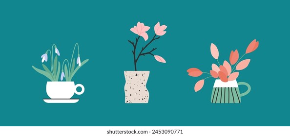 Conjunto de arreglos florales que crecen en taza de té, jarrón, olla. Flores de primavera o verano. Tulipanes, gotas de nieve, rosas, Ilustración vectorial de magnolia. Ramo de interior de moda para el hogar, planta de casa, diseño de ramo floral