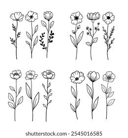 Set of flower arrangements. Hand drawn flowers set. Silhouette vector flat illustration. Outline drawing. Line vector illustration. Isolated on white background. Good for posters, t shirts, postcards.