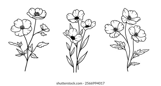 Set of flower arrangements. Hand drawn flowers set. Silhouette vector flat illustration. Outline drawing. Line vector illustration. Isolated on white background. Good for posters, t shirts, postcards.