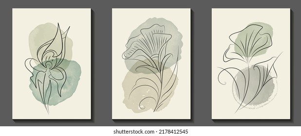 Conjunto de vectores de arte floral. Flores en línea de estilo artístico. Diseño gráfico artístico moderno para interiores, afiche, portada, banner, volante, tarjetas. Plantilla de colores Pastel. Fondo botánico.	