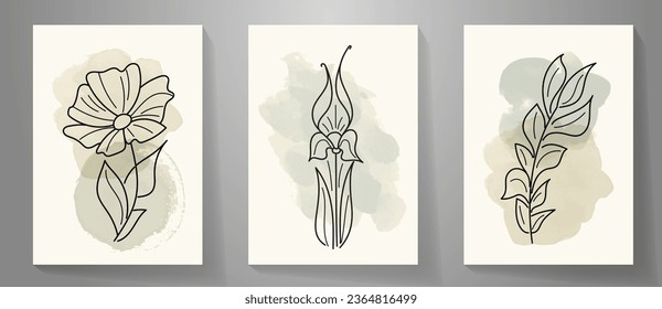 Set of flower art vector. Flowers in line art style. Modern artistic graphic design for interior, poster, cover, banner, flyer, cards. Pastel colors template. Botanical backdrop.	
