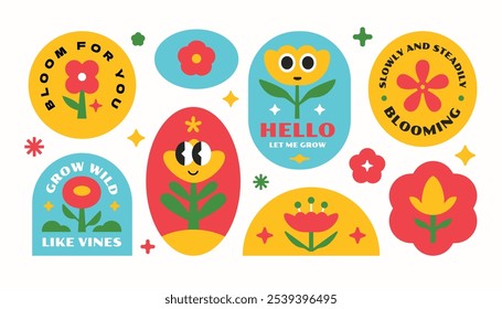 Satz Blumen-Badge. FLoral Label trendy grooviges Design. Zitat y2k gen z Cartoon-Stil.